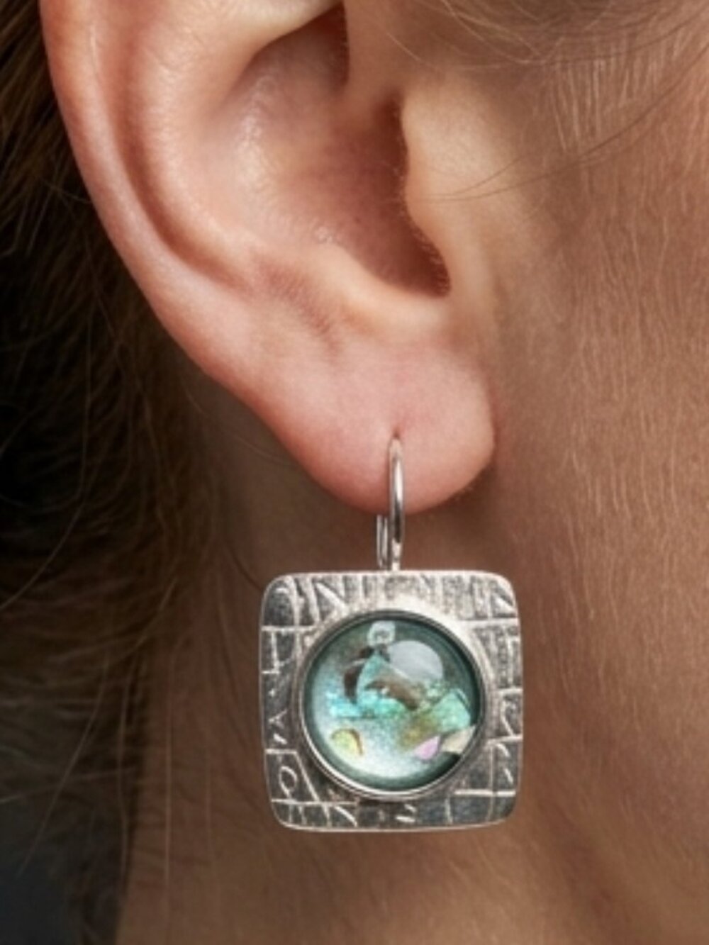 Vintage Silver Tone Pierced Earrings Square Abalone Chips incase in Glass Dome